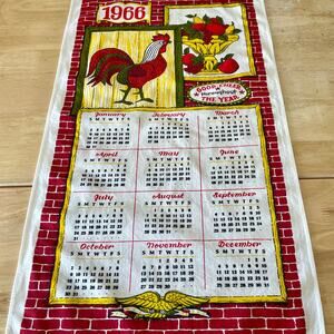 Vintage 1996 Linen Tea Towel Calendar with Rooster & Bowl of Fruit EUC